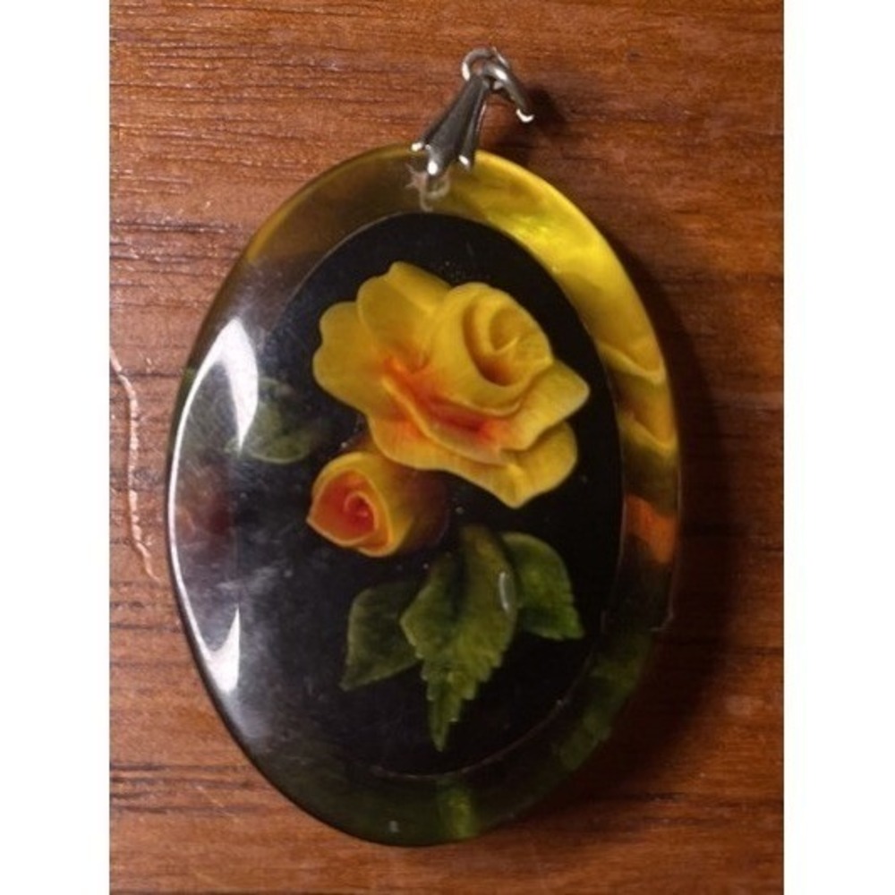 Vintage Reverse‎ Carved Rose Resin Pendant Charm Yellow Black Floral 1.5"